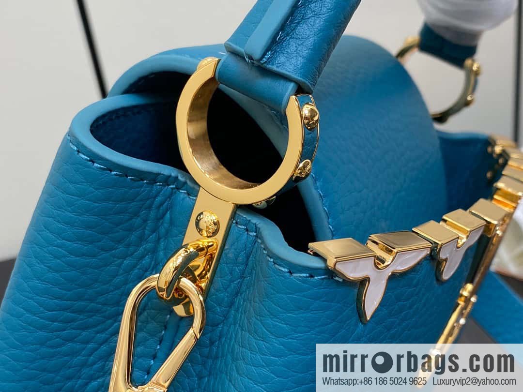 [Boutique‑grade] M23766 blue flower crown, full leather cap, that English series Capucines mini handbag, this Capucines Flower Crown handbag