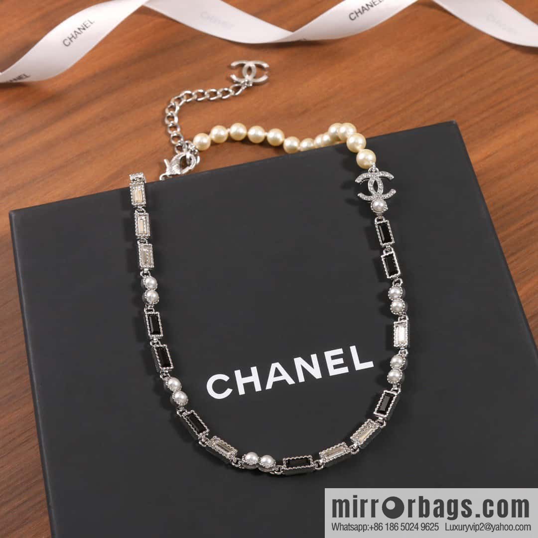 ☀️New ☑️ Chanel Rectangle Black Diamond Pearl Necklace
