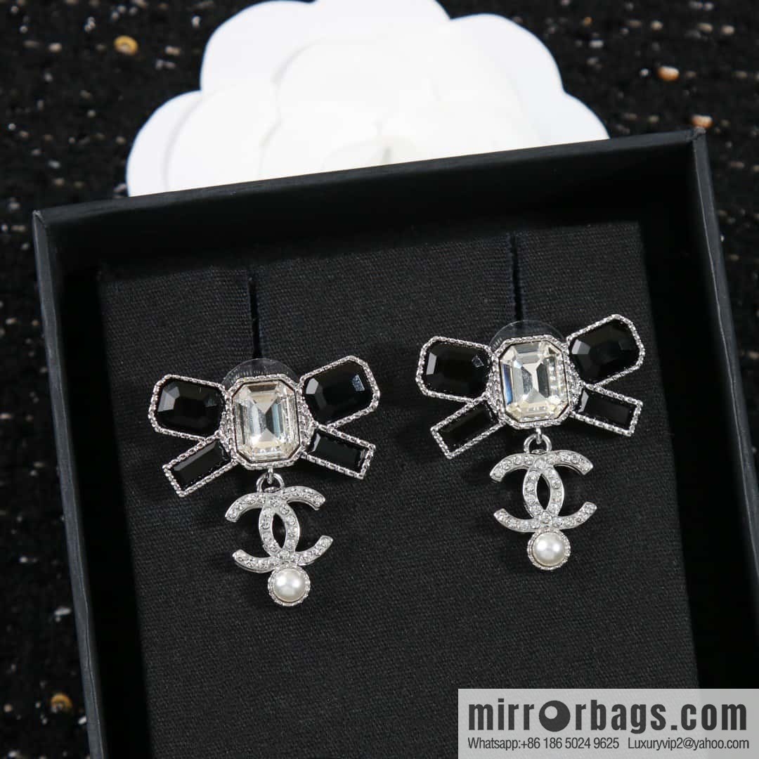 ☀️New ☑️ Chanel double c black bow earrings stud earrings