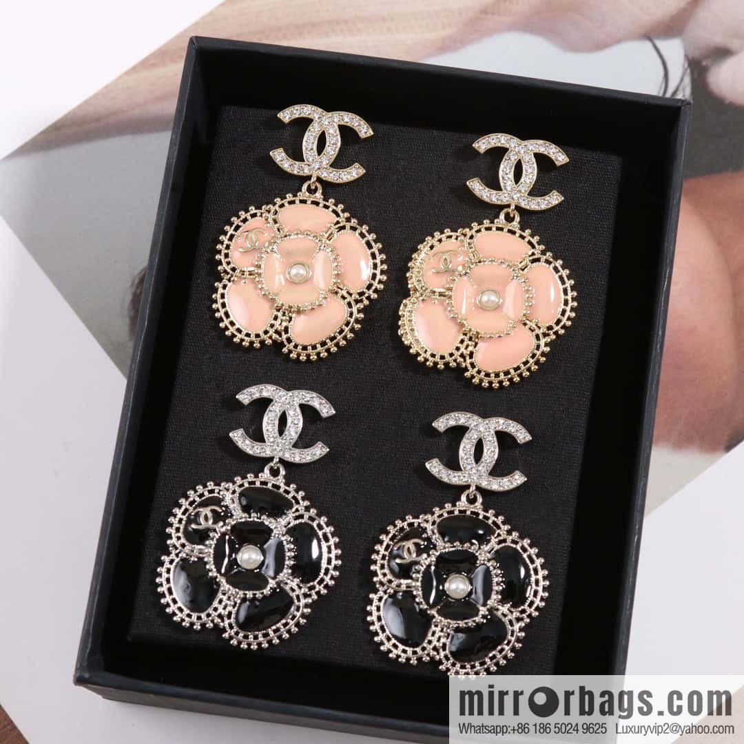 ☀️New ☑️ chanel c2 double c pink black camellia earrings