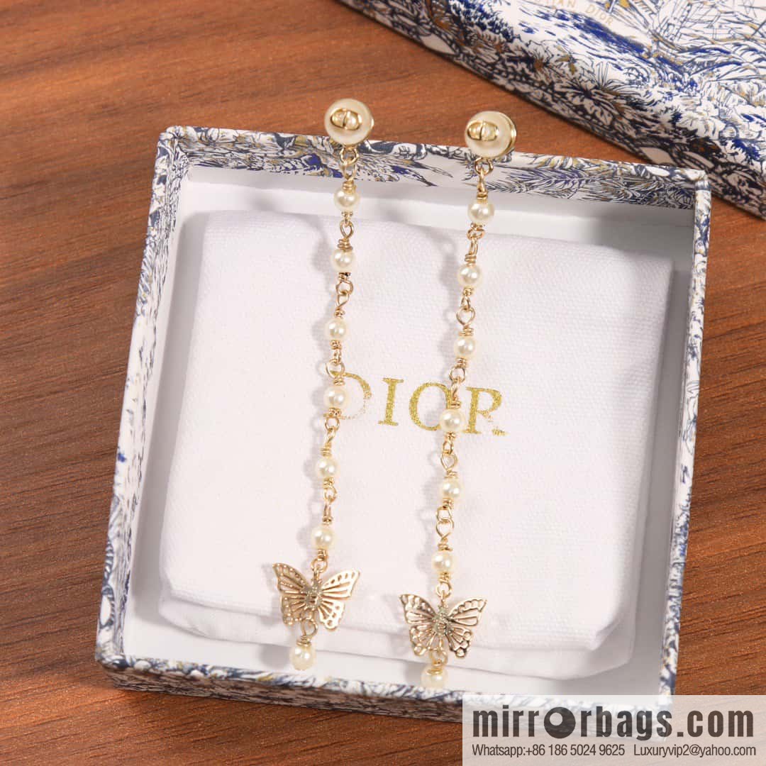 New ☑️ Dior tassel gold butterfly pearl CD stud earrings