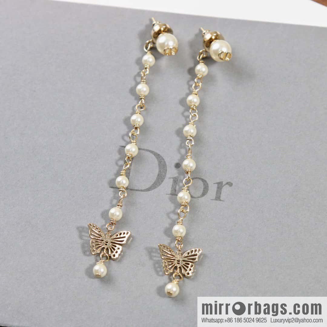 New ☑️ Dior tassel gold butterfly pearl CD stud earrings