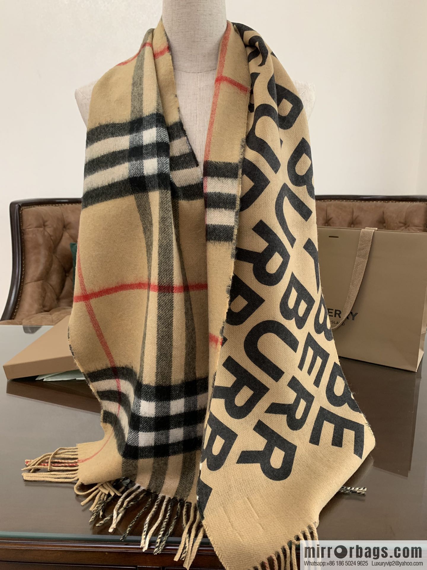 Burberry Double-Sided Letter Logo Checked Cashmere Scarf