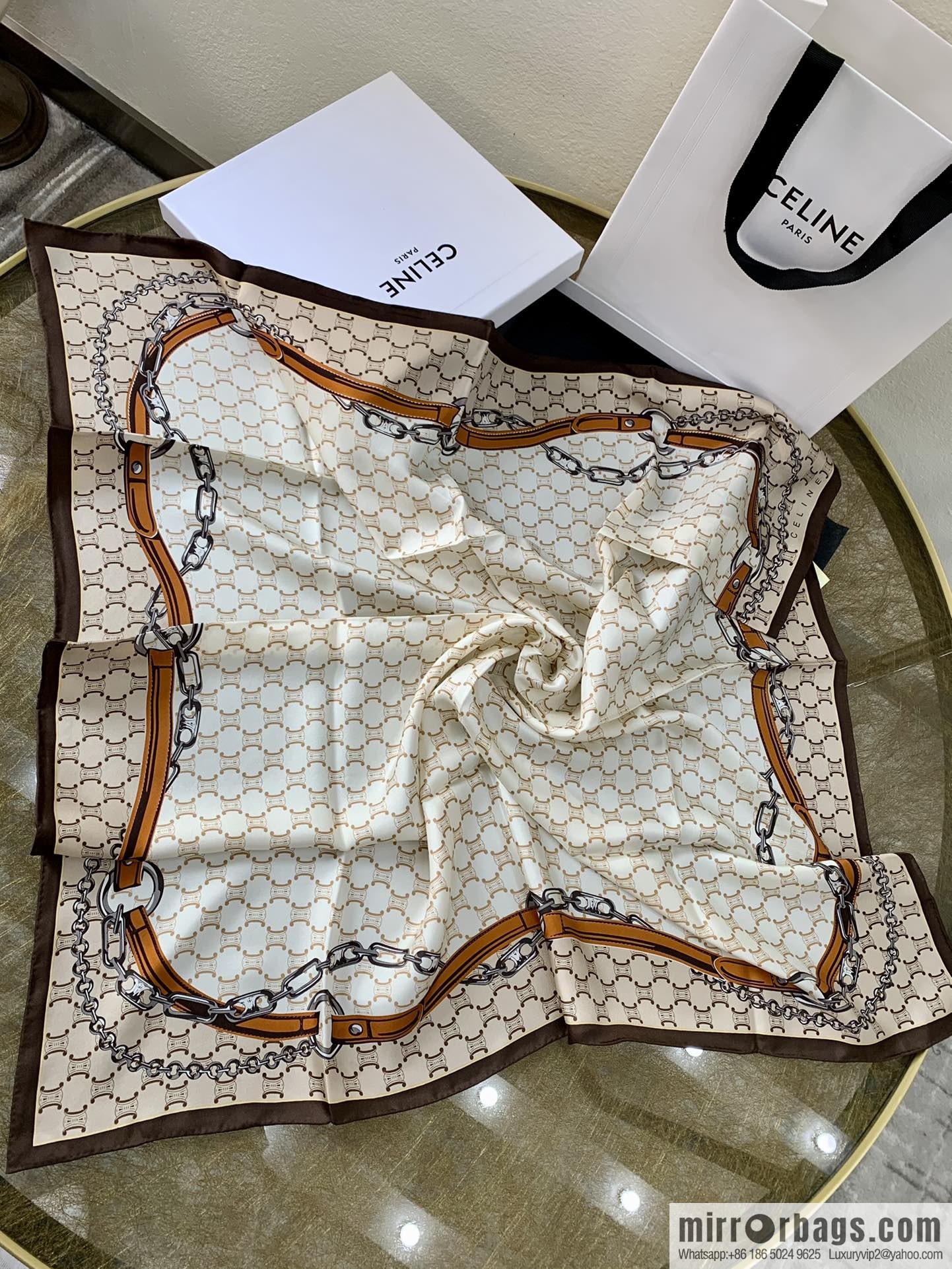 CELINE Celine Arc de Triomphe logo 100 silk square scarf