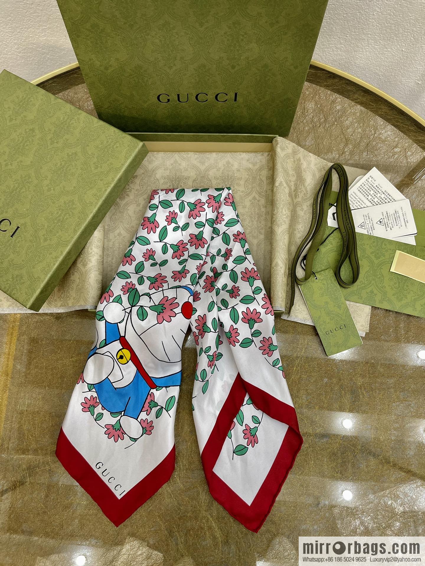 GUCCIxDoraemon joint 100% silk square scarf