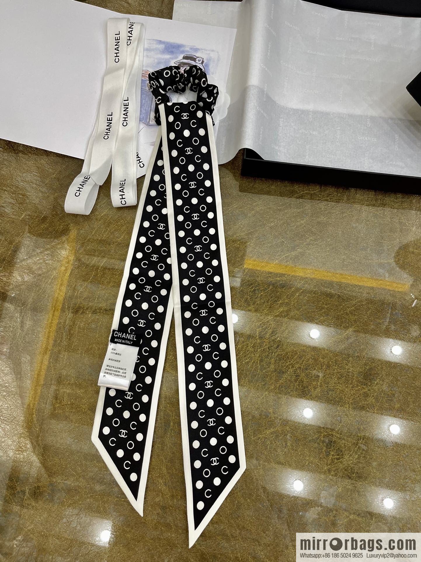 Chanel Polka Dots Two-piece Accessories 100% Silk Ribbon aa7533