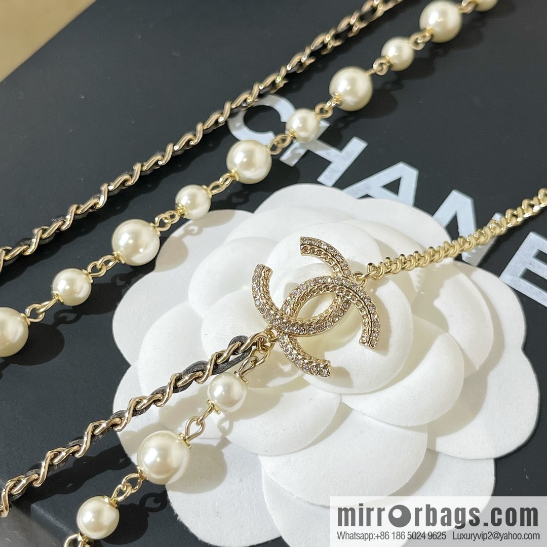 2021 new Chanel double c pearl double layer black leather rope necklace