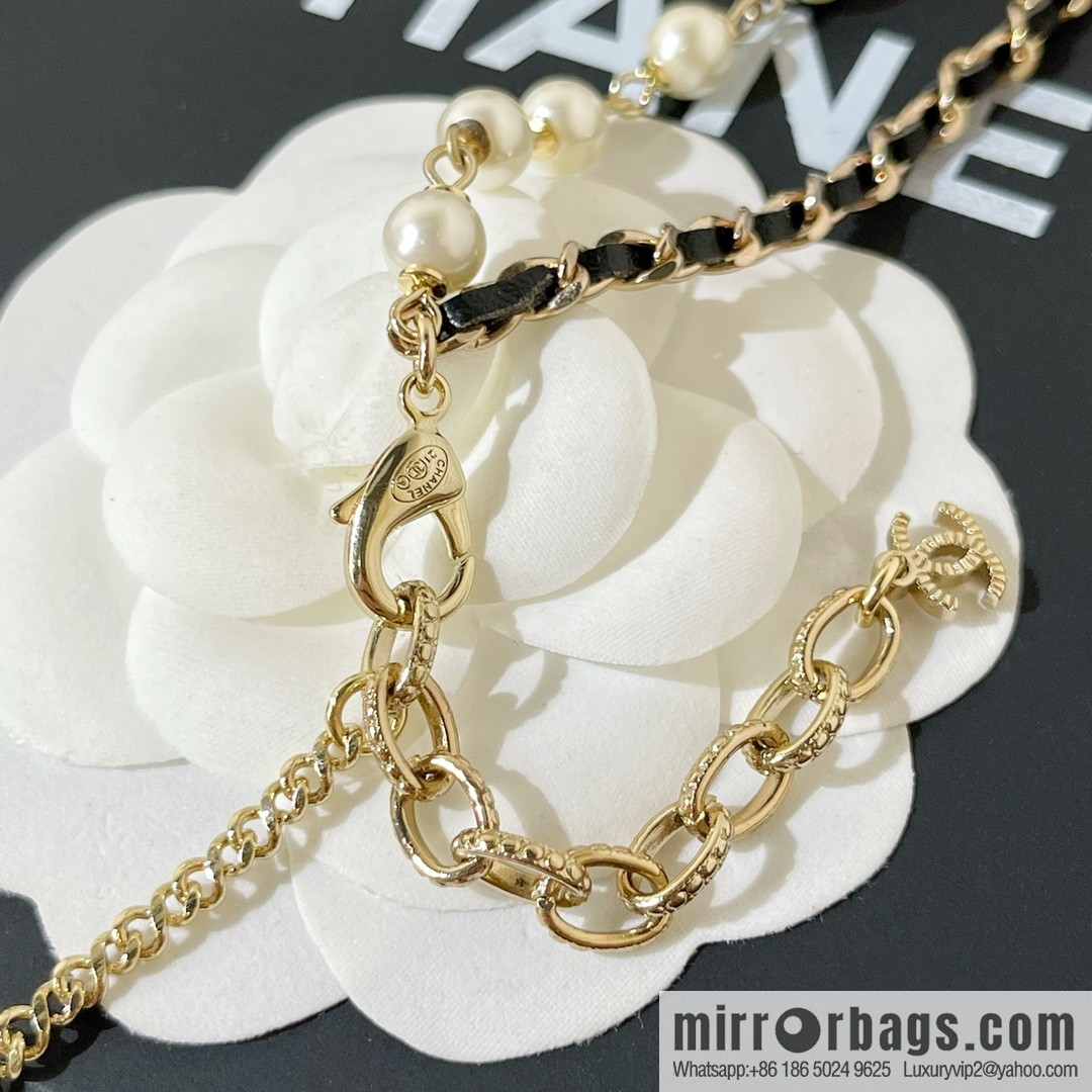 2021 new Chanel double c pearl double layer black leather rope necklace