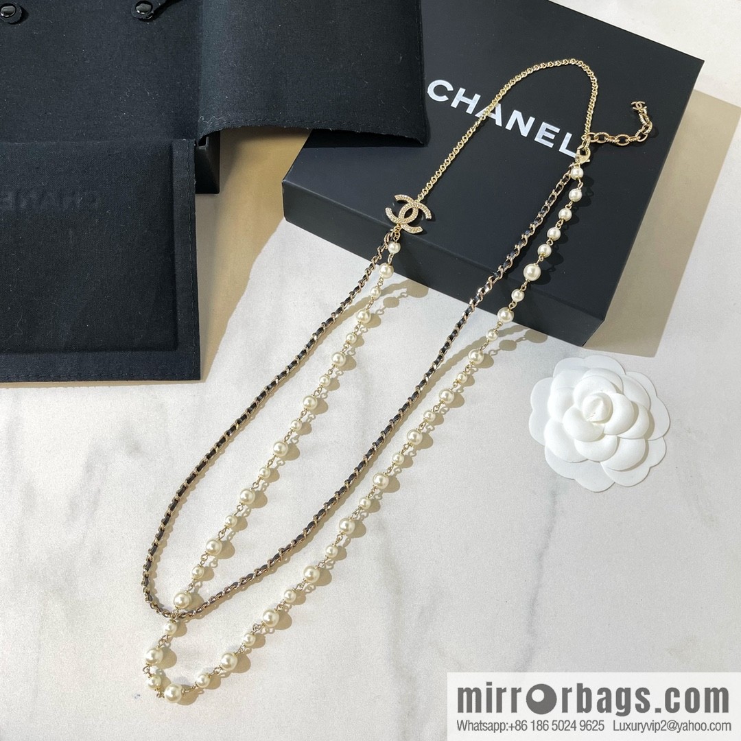 2021 new Chanel double c pearl double layer black leather rope necklace