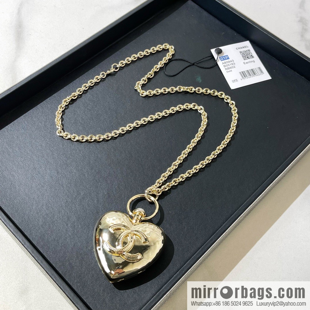 Chanel double c gold peach heart sweater chain necklace
