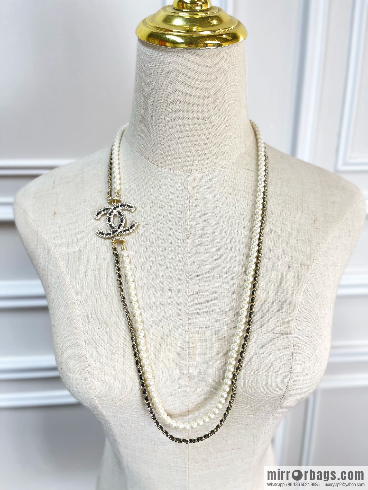 Chanel Double C Black Leather Rope Double Pearl Necklace Sweater Chain