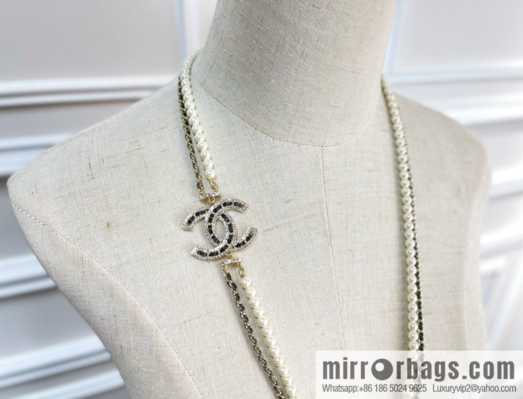 Chanel Double C Black Leather Rope Double Pearl Necklace Sweater Chain
