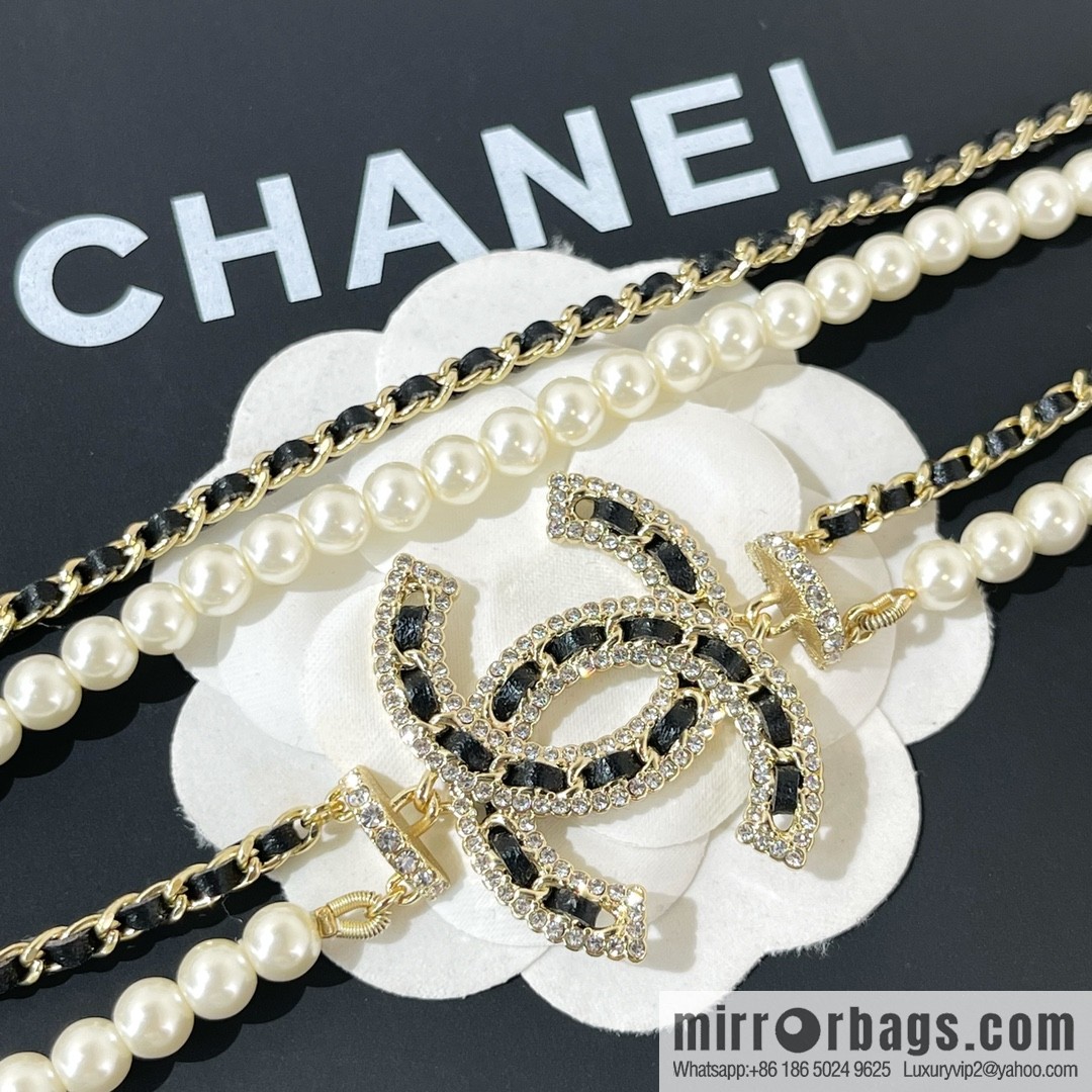 Chanel Double C Black Leather Rope Double Pearl Necklace Sweater Chain