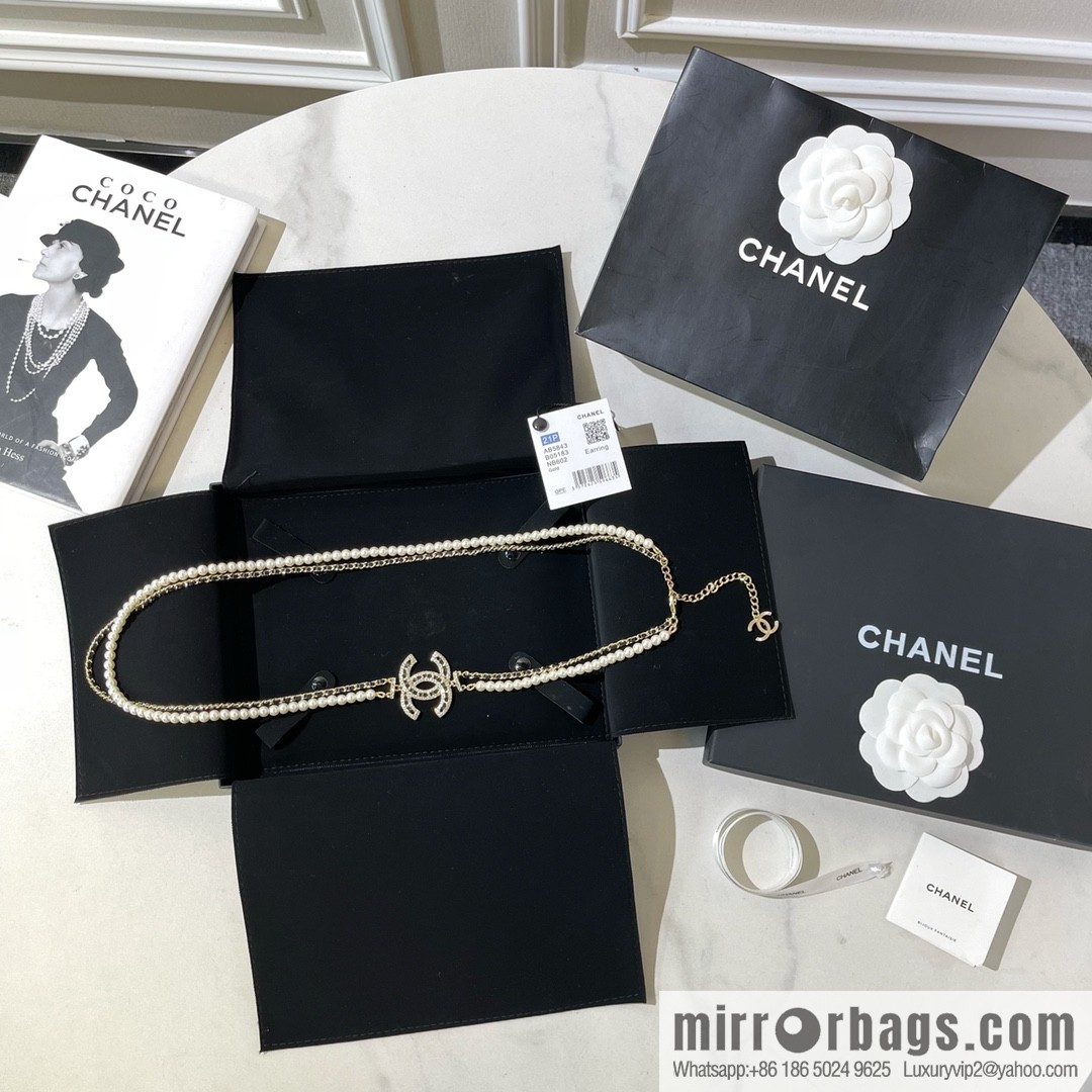 Chanel Double C Black Leather Rope Double Pearl Necklace Sweater Chain