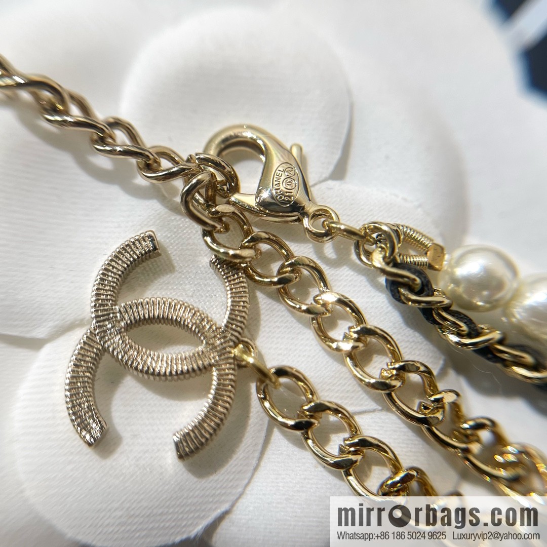 Chanel Double C Black Leather Rope Double Pearl Necklace Sweater Chain