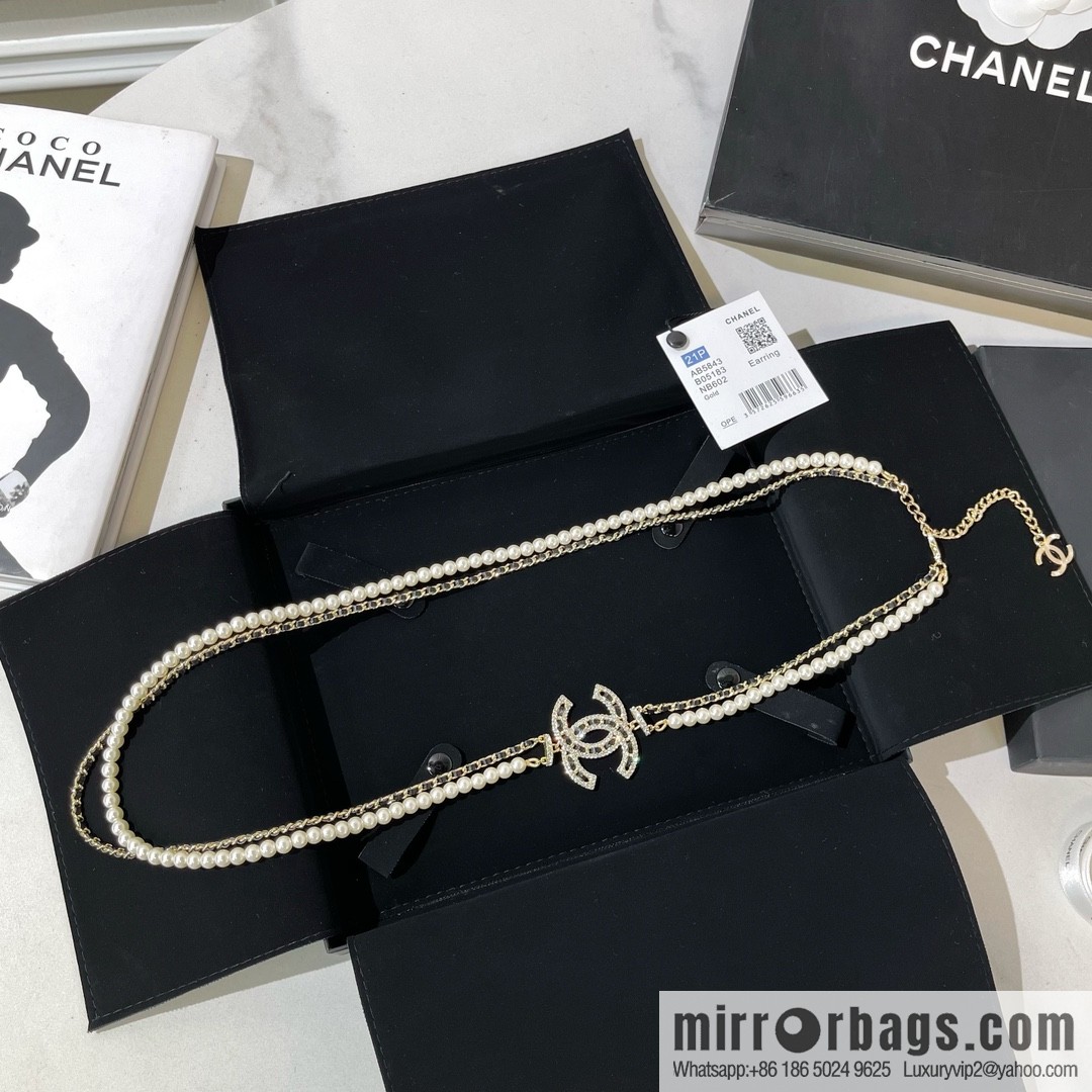 Chanel Double C Black Leather Rope Double Pearl Necklace Sweater Chain