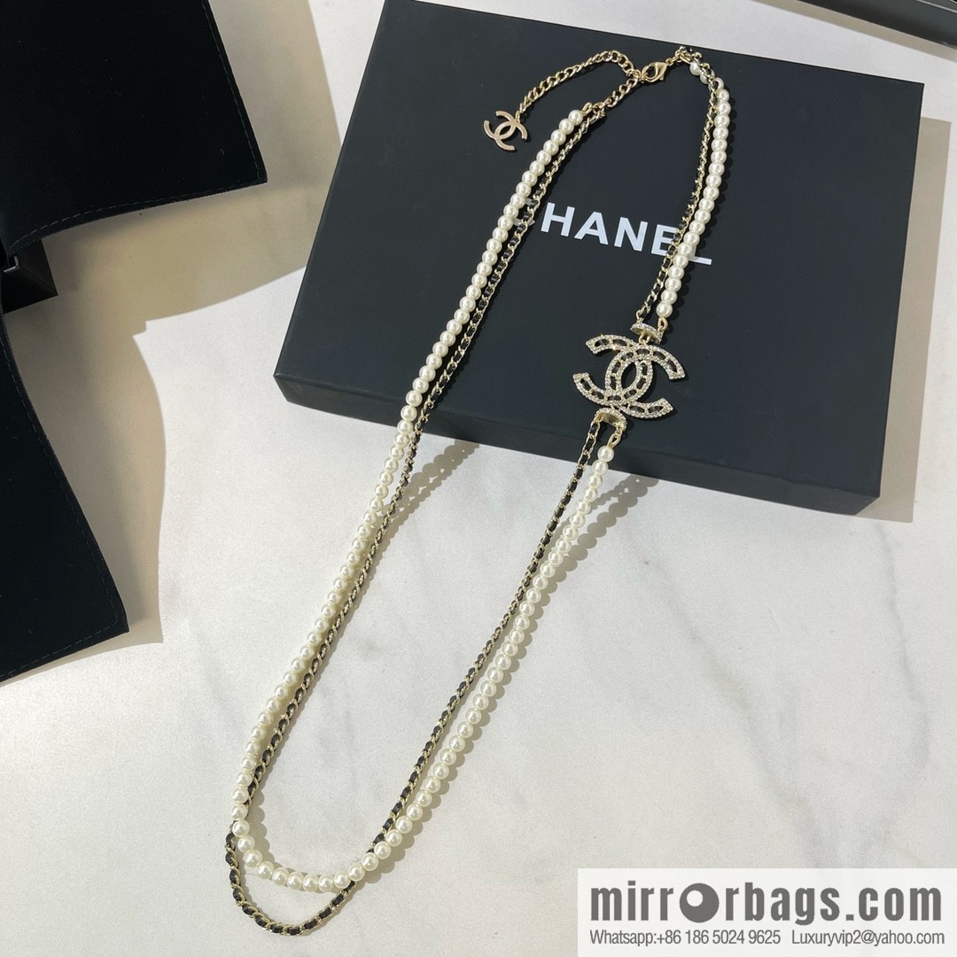 Chanel Double C Black Leather Rope Double Pearl Necklace Sweater Chain