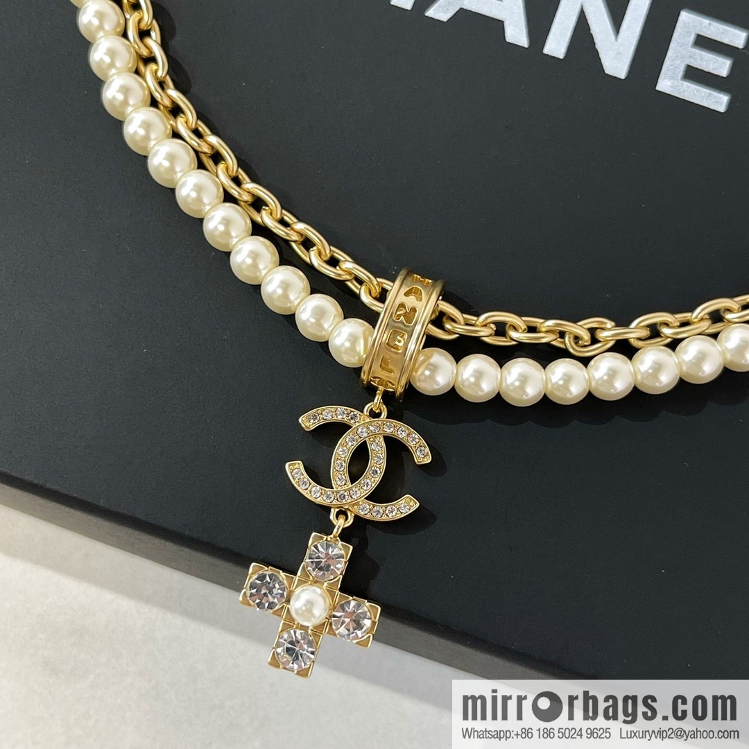 Chanel Double C Cross Double Pearl Necklace