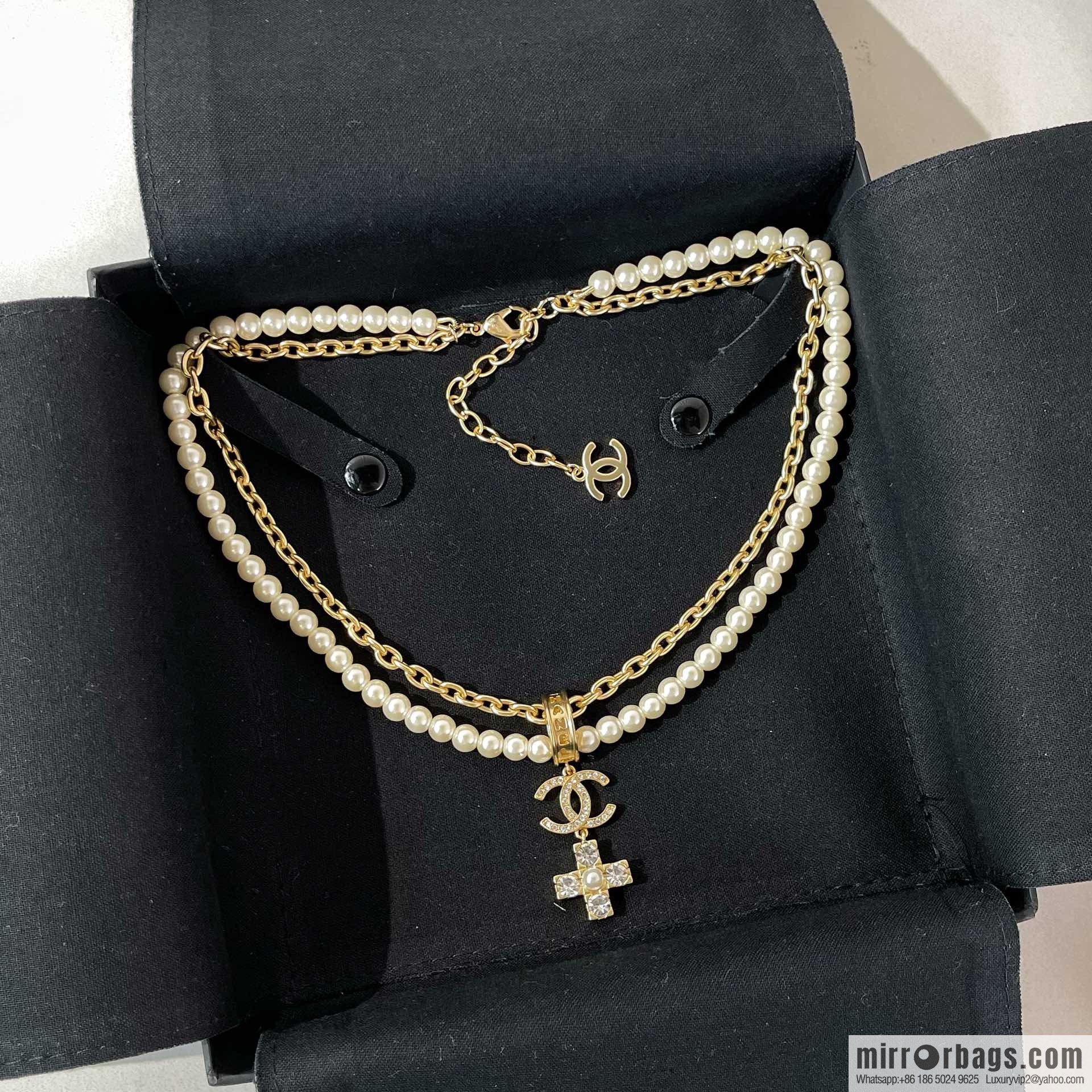 Chanel Double C Cross Double Pearl Necklace