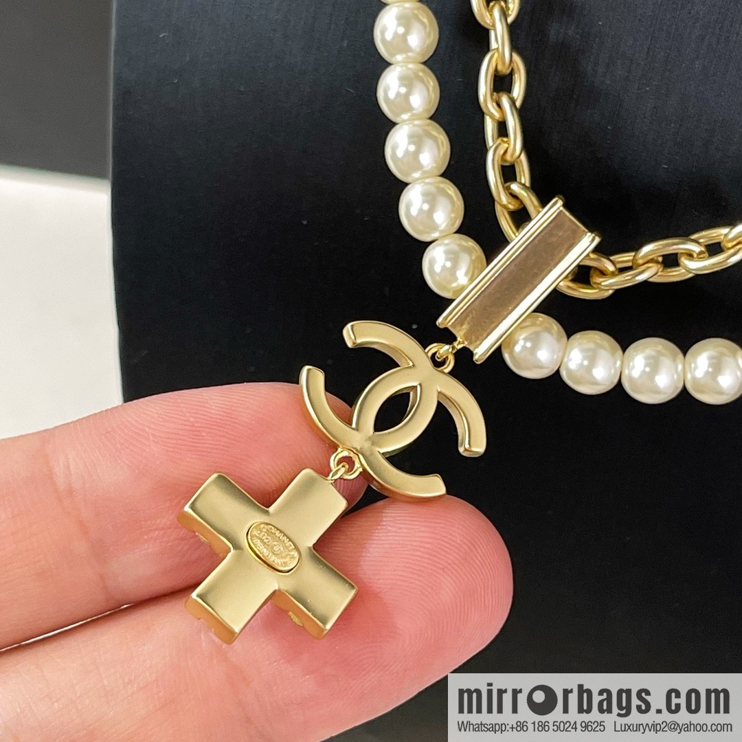 Chanel Double C Cross Double Pearl Necklace