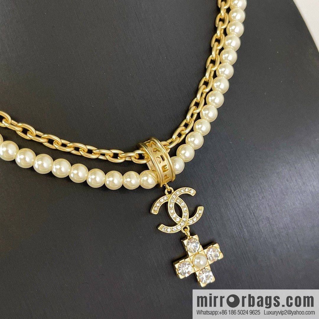 Chanel Double C Cross Double Pearl Necklace