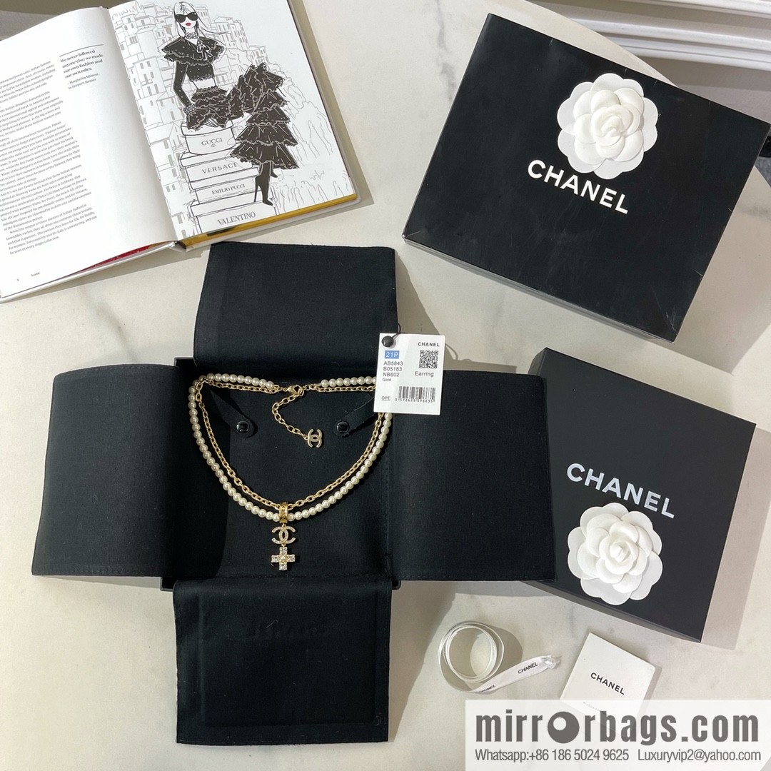 Chanel Double C Cross Double Pearl Necklace
