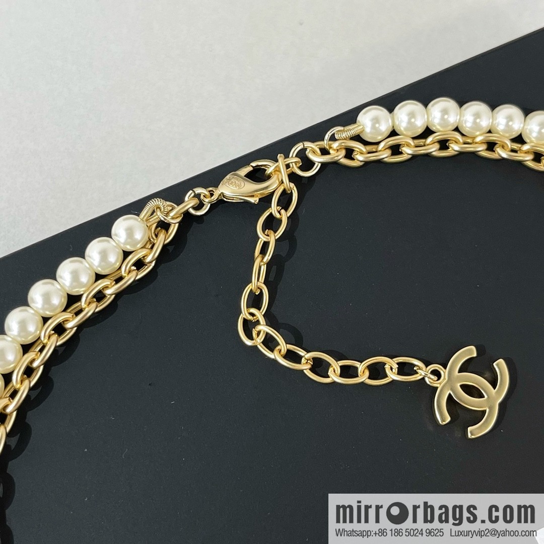 Chanel Double C Cross Double Pearl Necklace