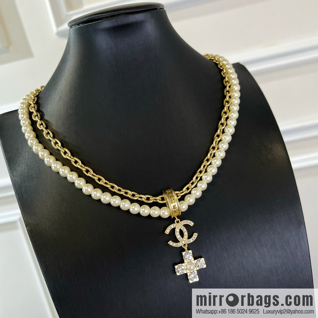 Chanel Double C Cross Double Pearl Necklace