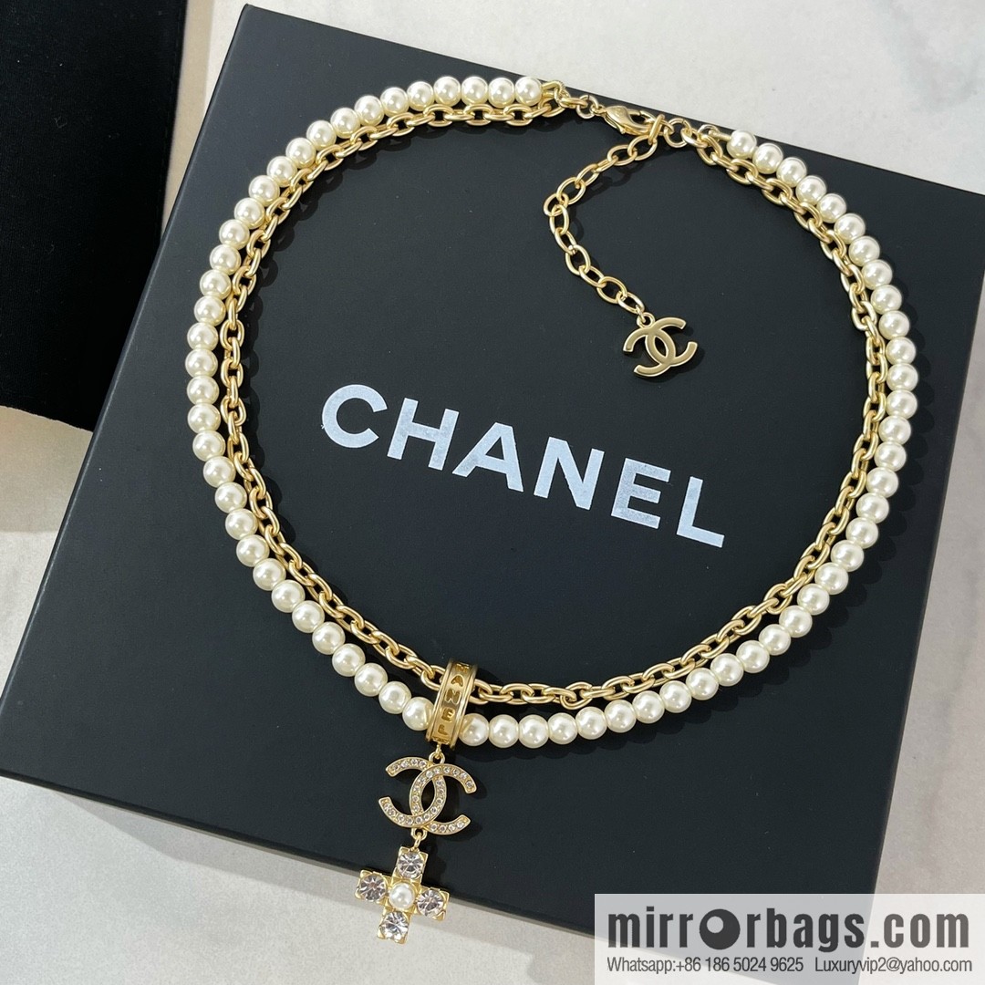 Chanel Double C Cross Double Pearl Necklace