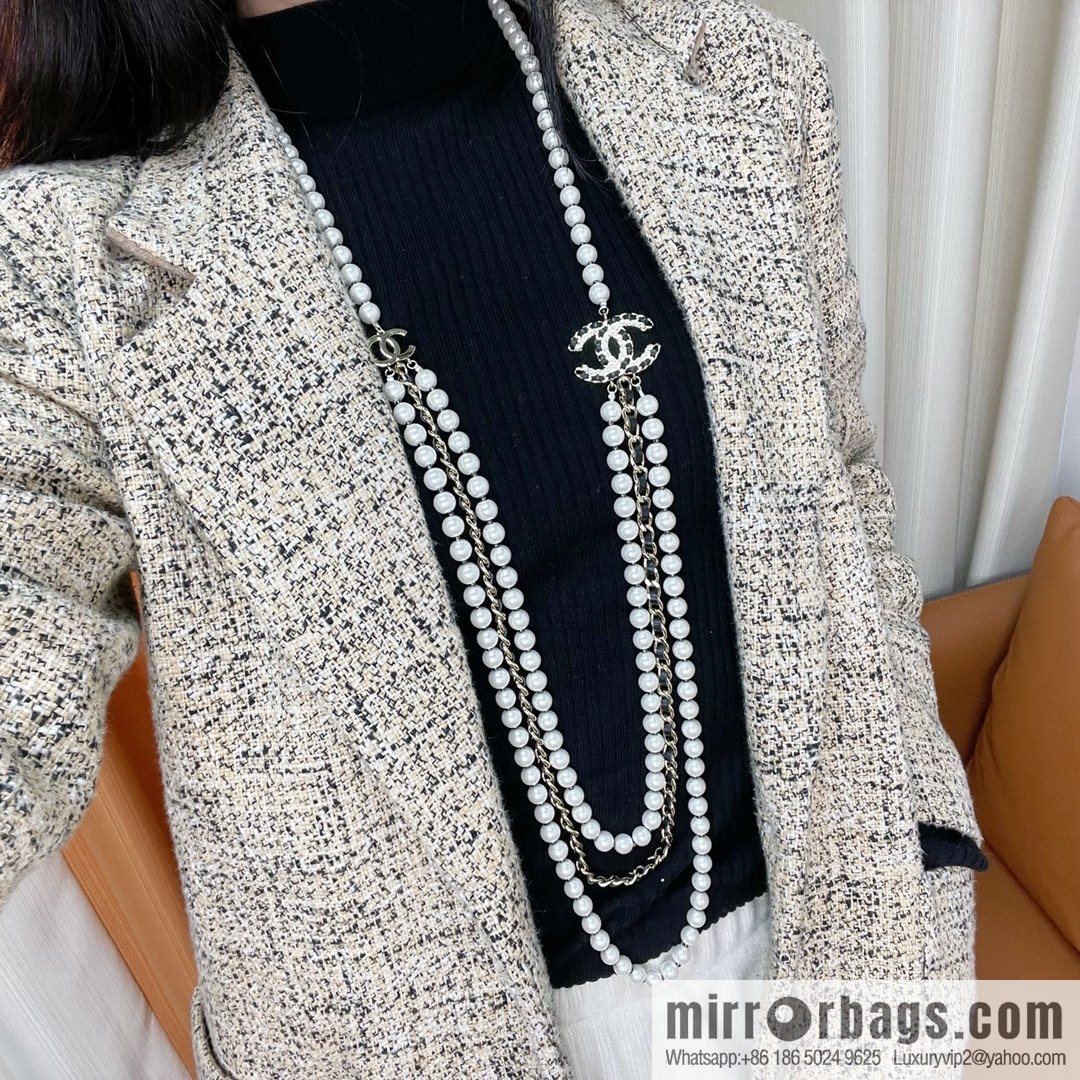 Chanel Double C Black Leather Rope Pearl Necklace Sweater Chain
