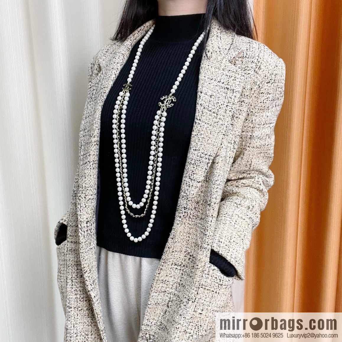 Chanel Double C Black Leather Rope Pearl Necklace Sweater Chain