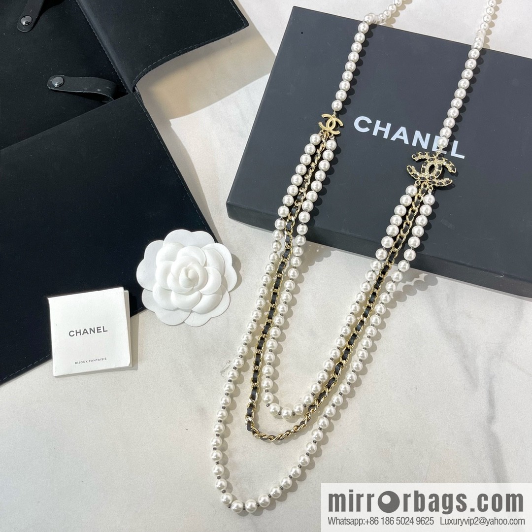 Chanel Double C Black Leather Rope Pearl Necklace Sweater Chain