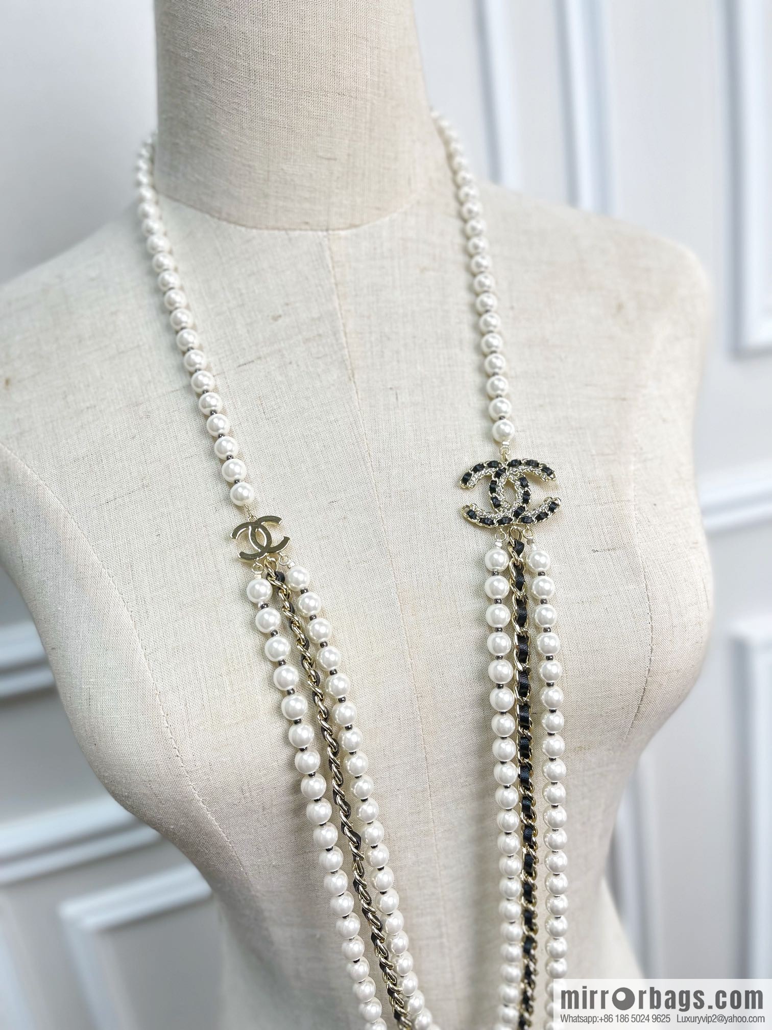 Chanel Double C Black Leather Rope Pearl Necklace Sweater Chain