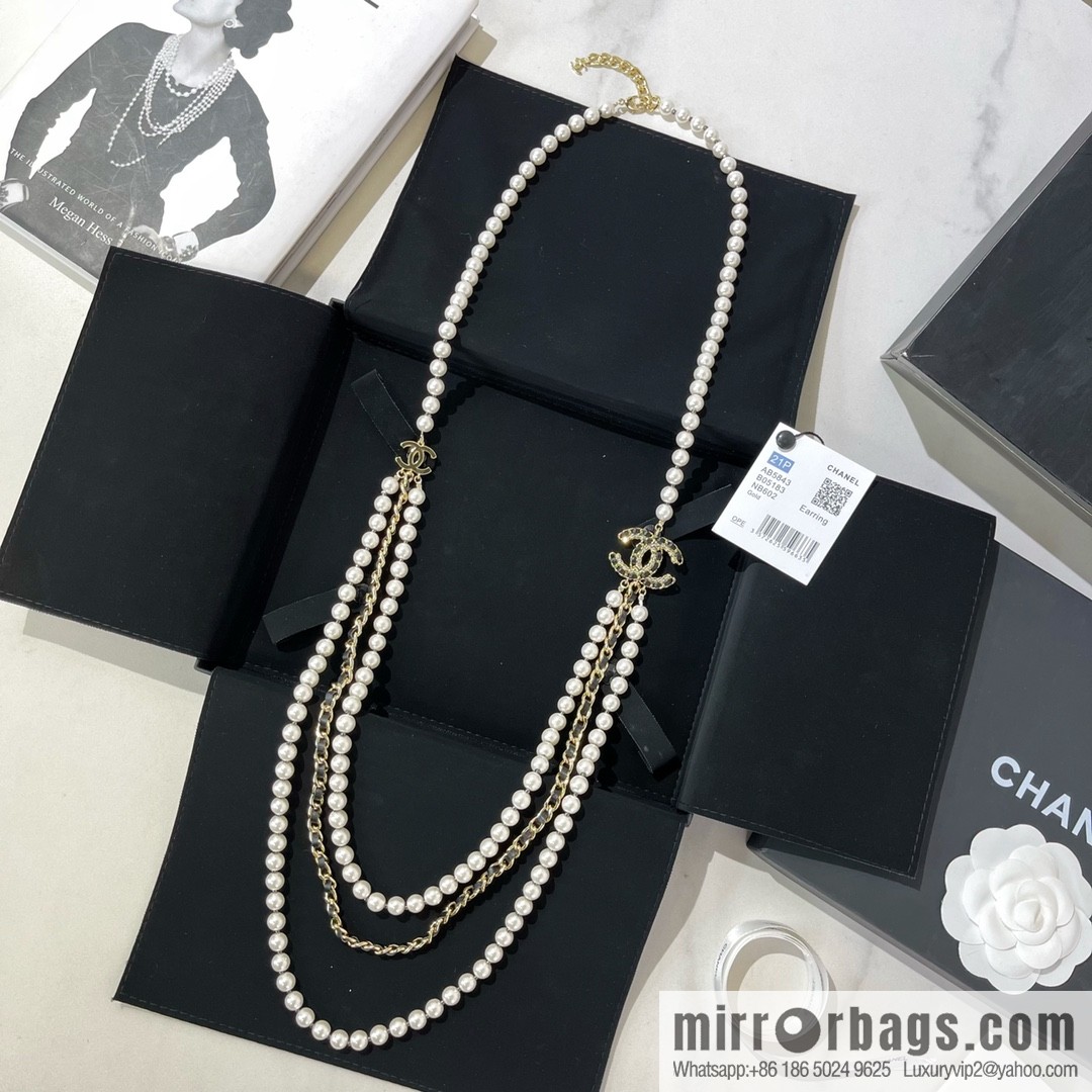 Chanel Double C Black Leather Rope Pearl Necklace Sweater Chain