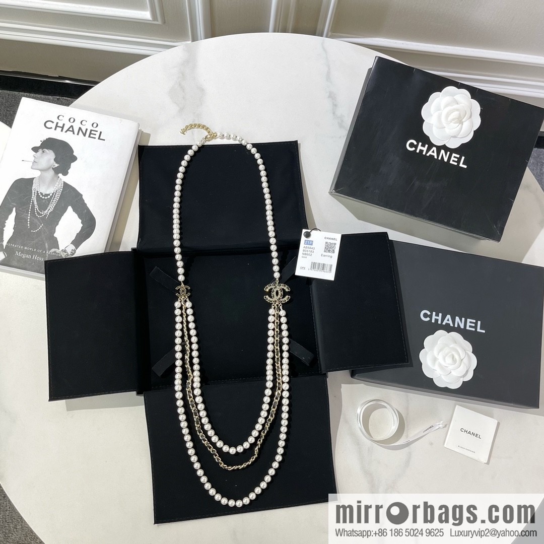 Chanel Double C Black Leather Rope Pearl Necklace Sweater Chain