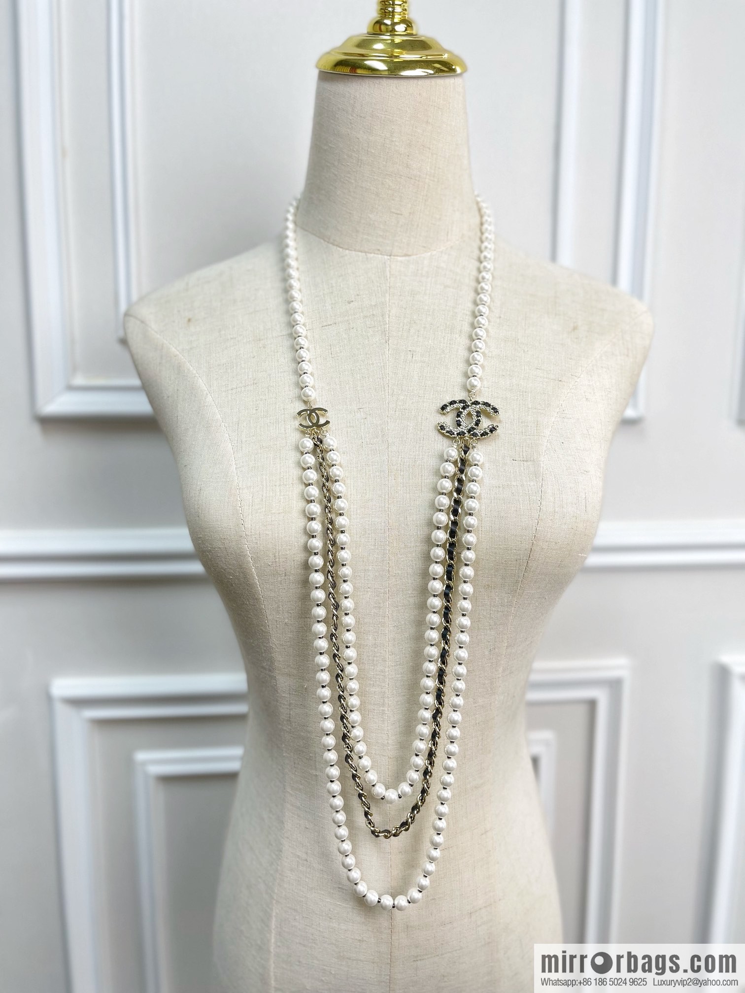 Chanel Double C Black Leather Rope Pearl Necklace Sweater Chain