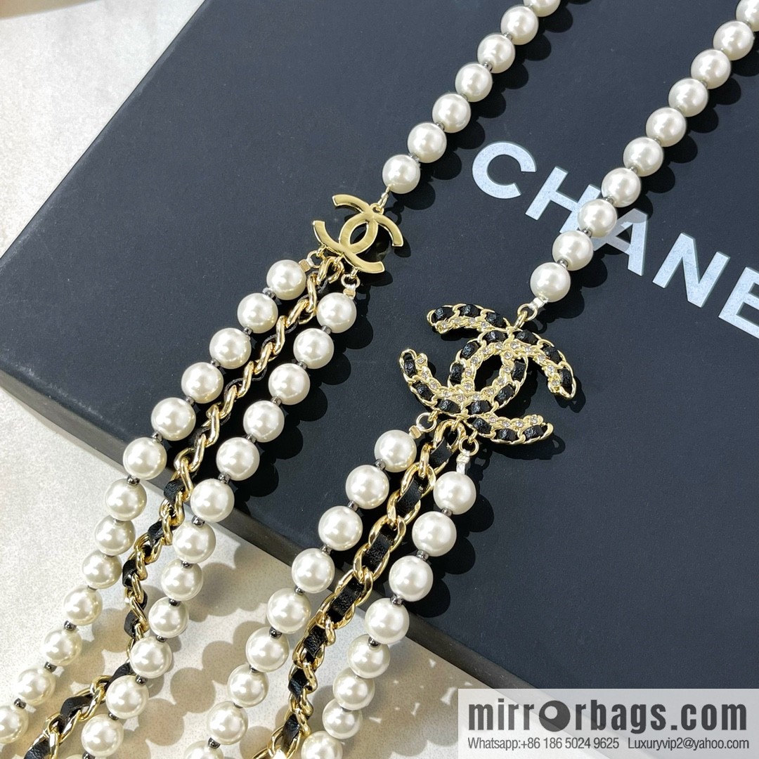 Chanel Double C Black Leather Rope Pearl Necklace Sweater Chain