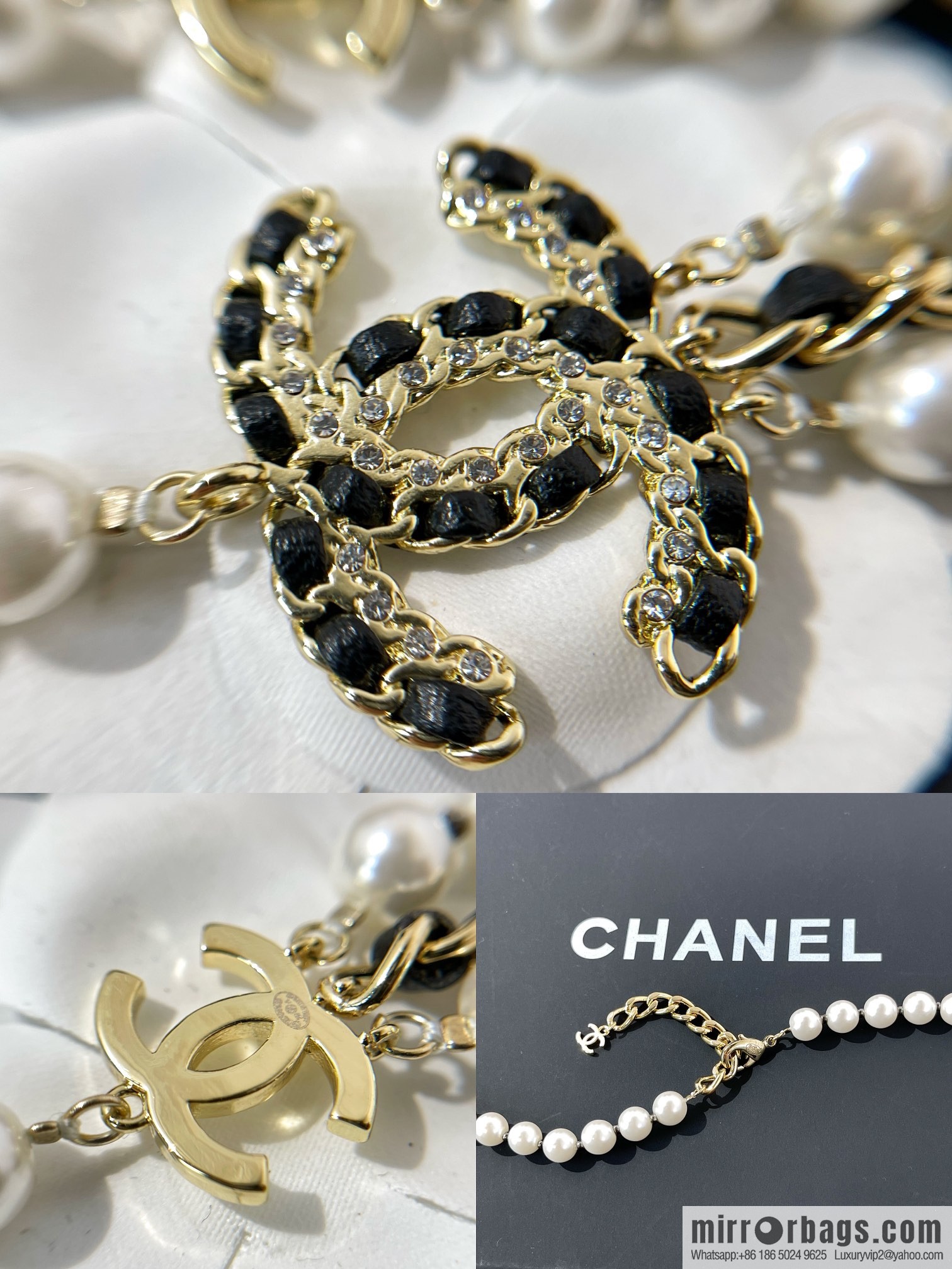 Chanel Double C Black Leather Rope Pearl Necklace Sweater Chain