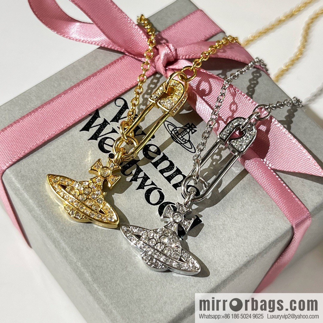 New ☑️ Vivienne Westwood Queen Mother pins full of diamonds Saturn necklace