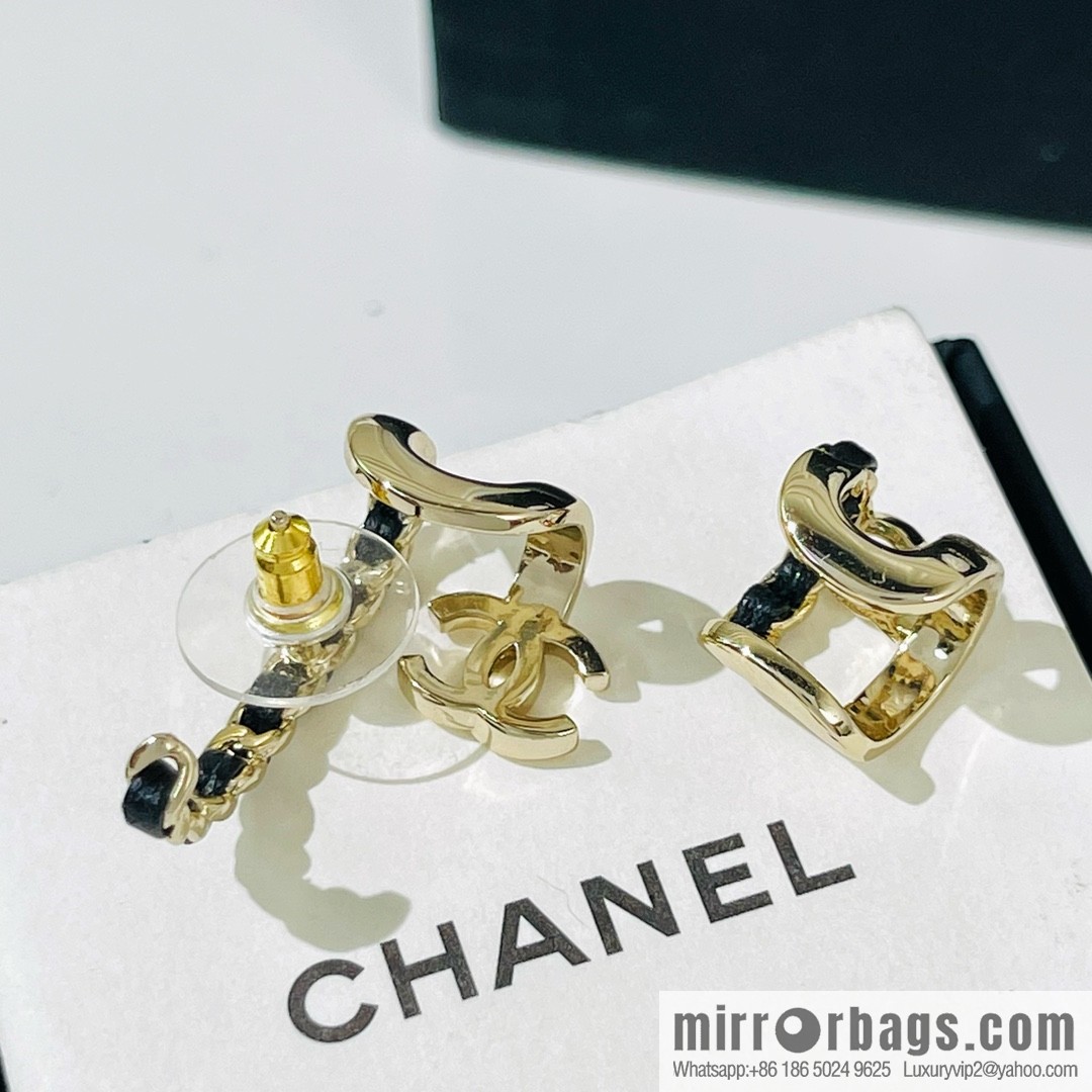 New ☑️ Chanel black leather rope double c asymmetrical stud earrings clip