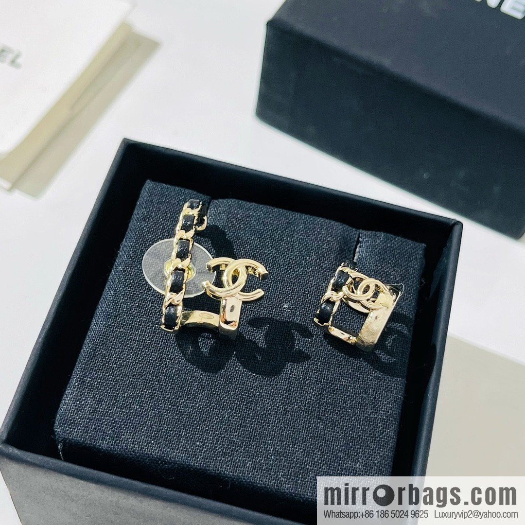 New ☑️ Chanel black leather rope double c asymmetrical stud earrings clip
