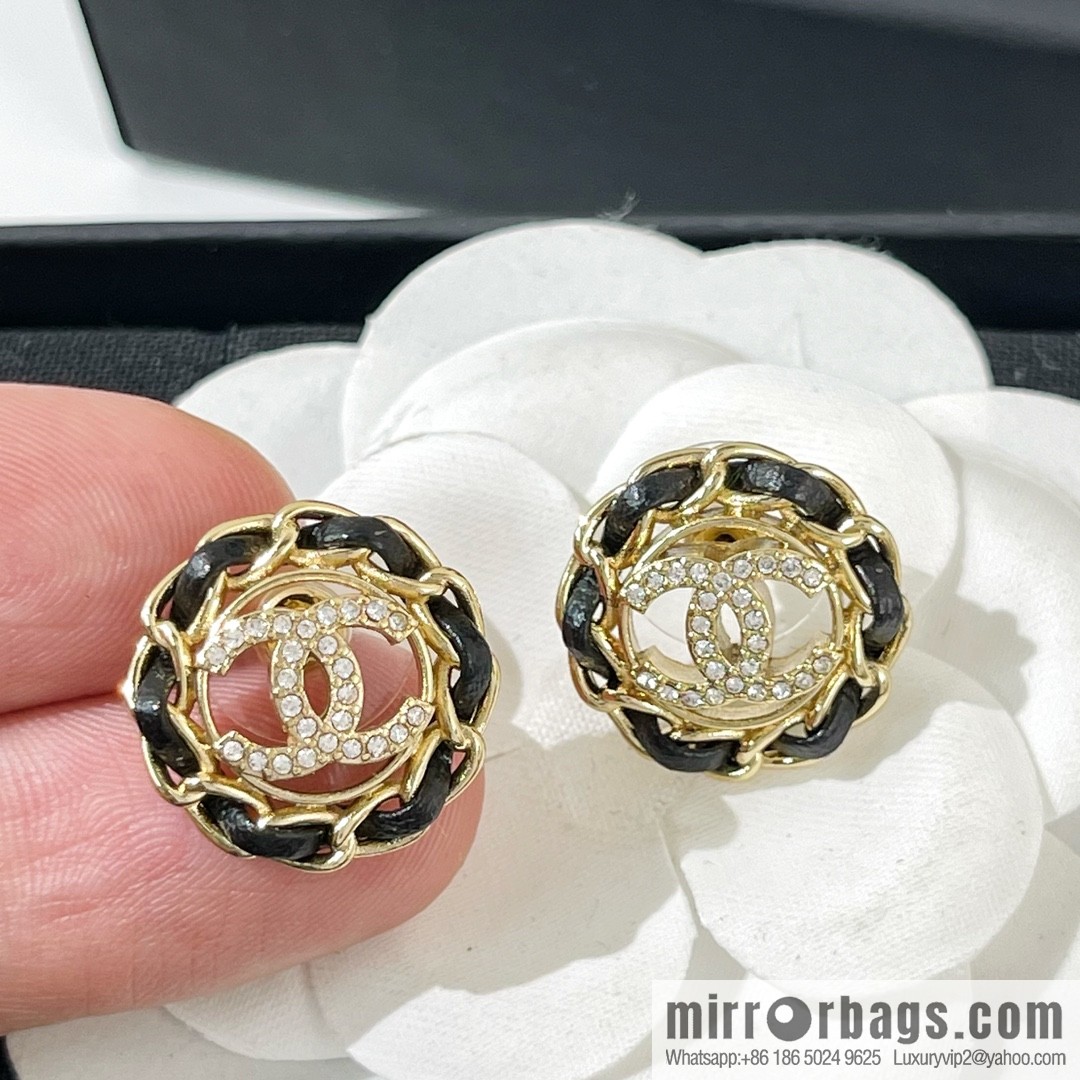 New ☑️ Chanel double c black leather rope stud earrings