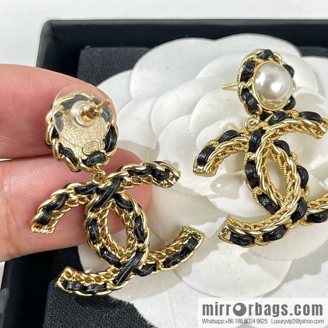 New ☑️ Chanel double c black leather rope stud earrings