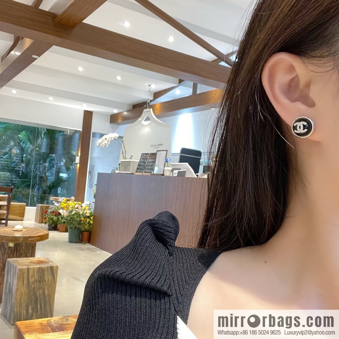 New ☑️ Chanel double c full diamond, black and white beads, stud earrings