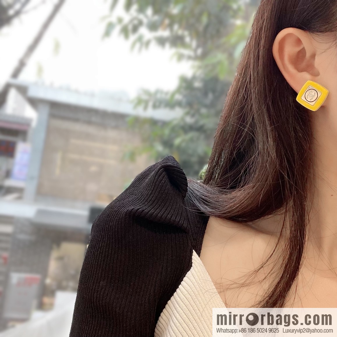 New ☑️ Chanel double c yellow green acrylic stud earrings