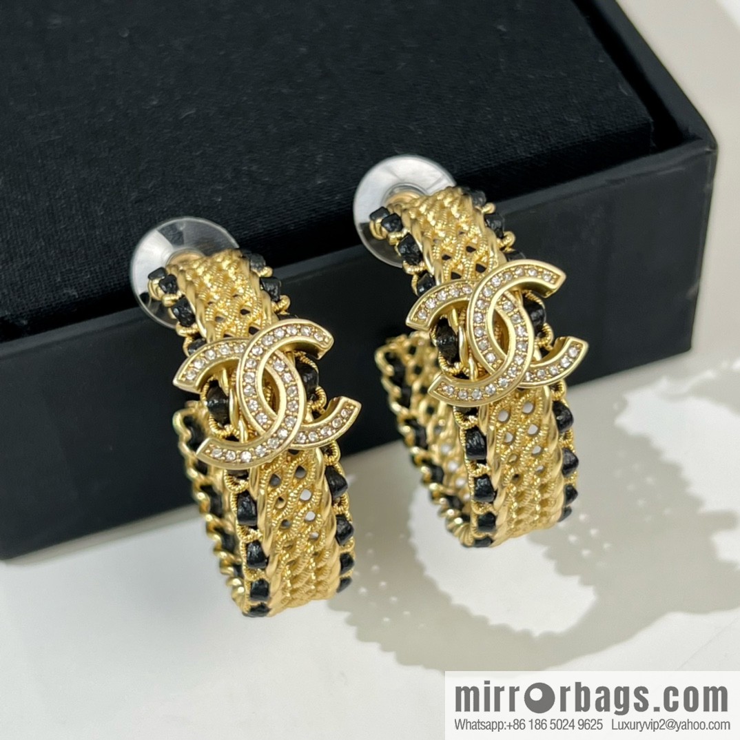 New ☑️ Chanel double c pink black leather rope stud earrings