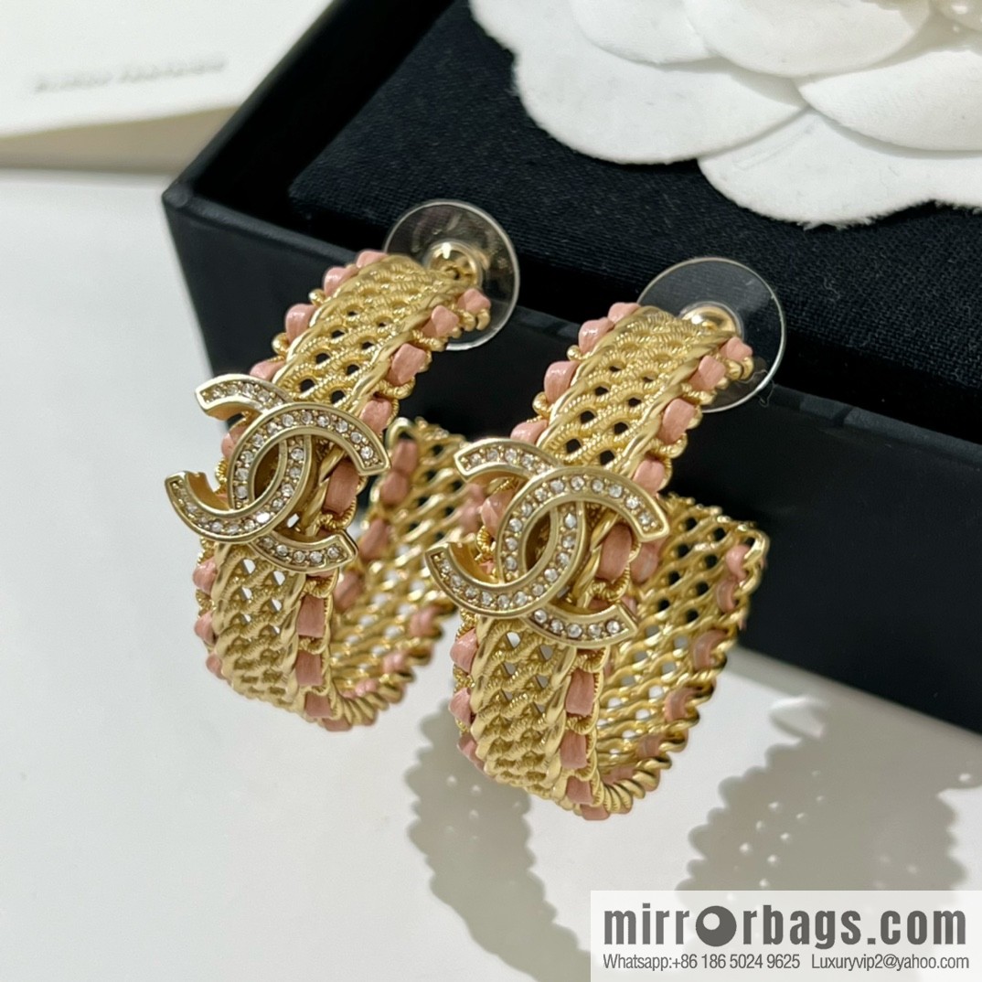 New ☑️ Chanel double c pink black leather rope stud earrings