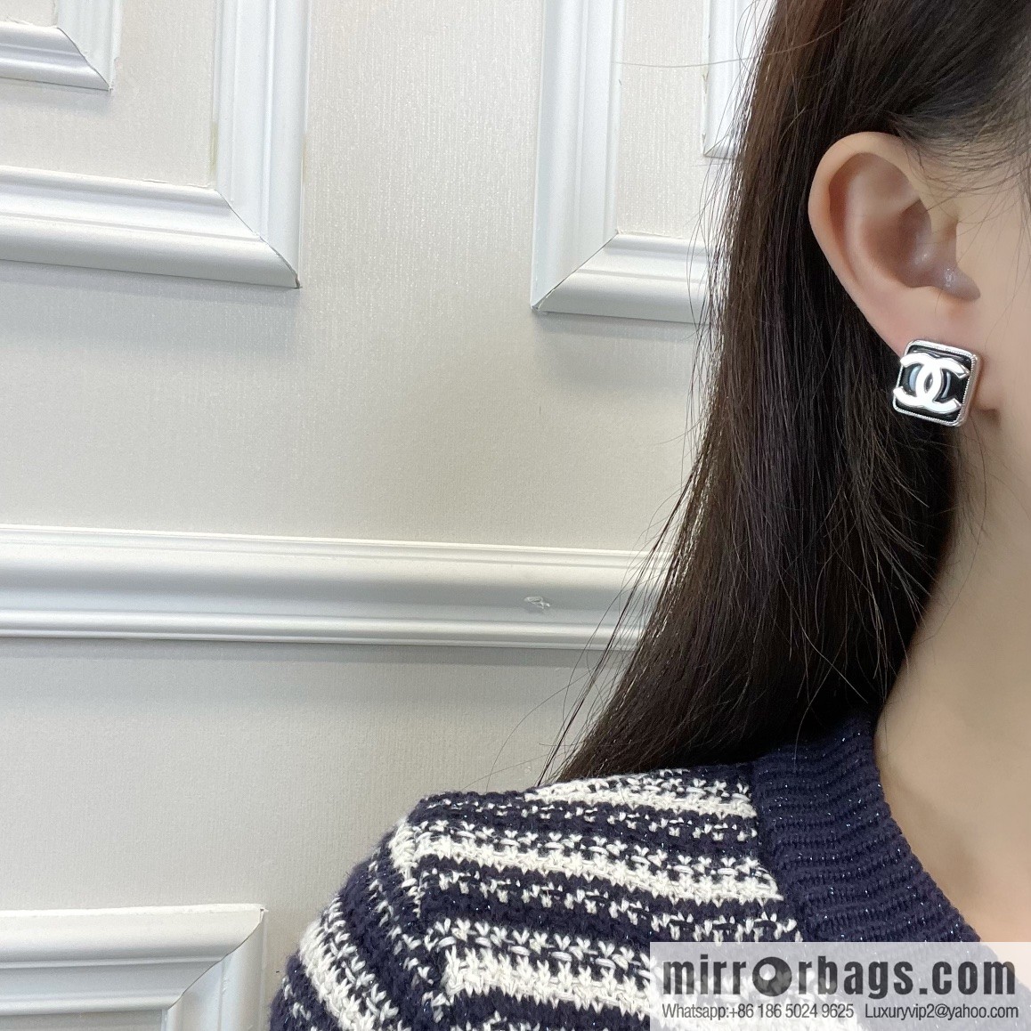 New ☑️ Chanel double c square black and white stud earrings