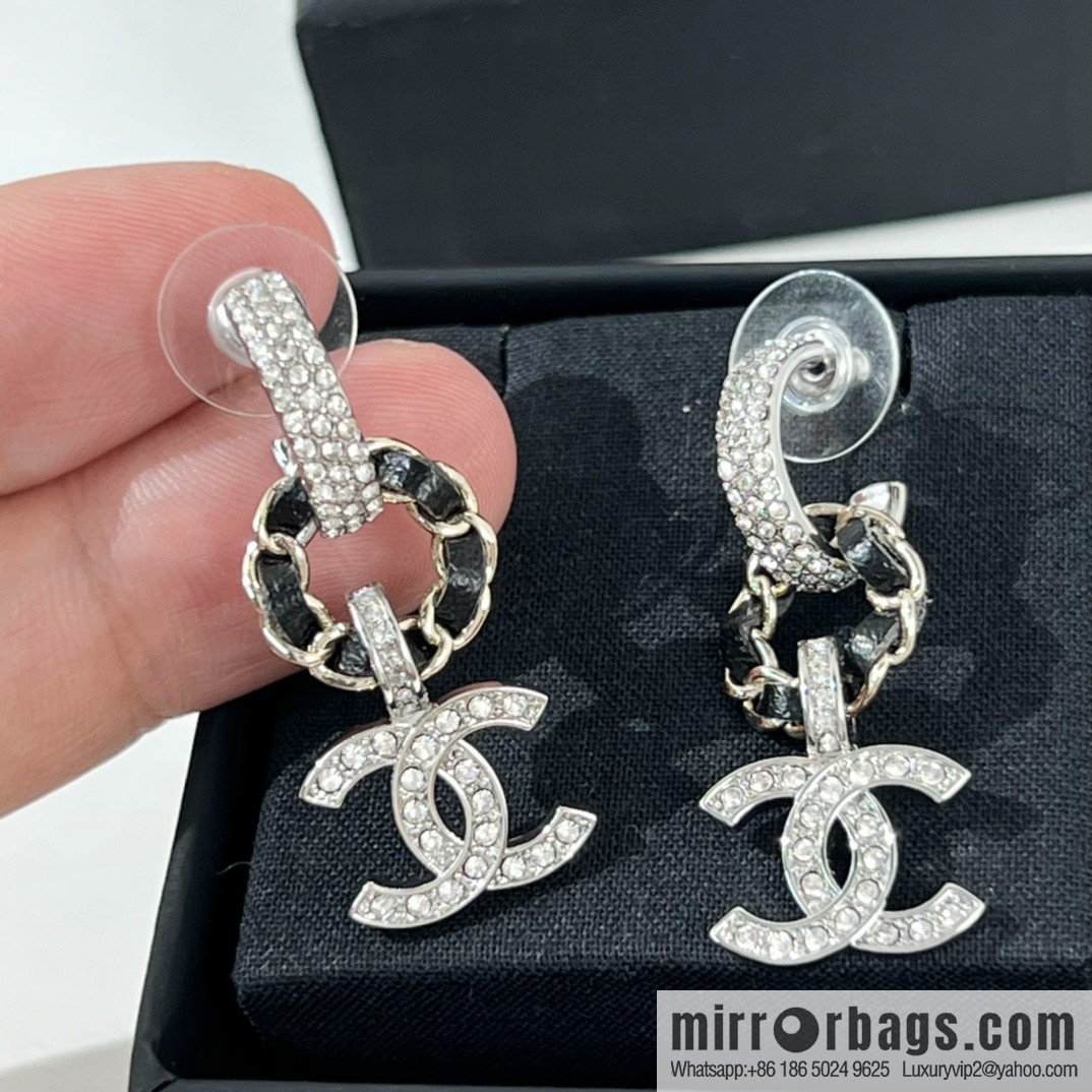 New ☑️ Chanel double c black leather rope stud earrings