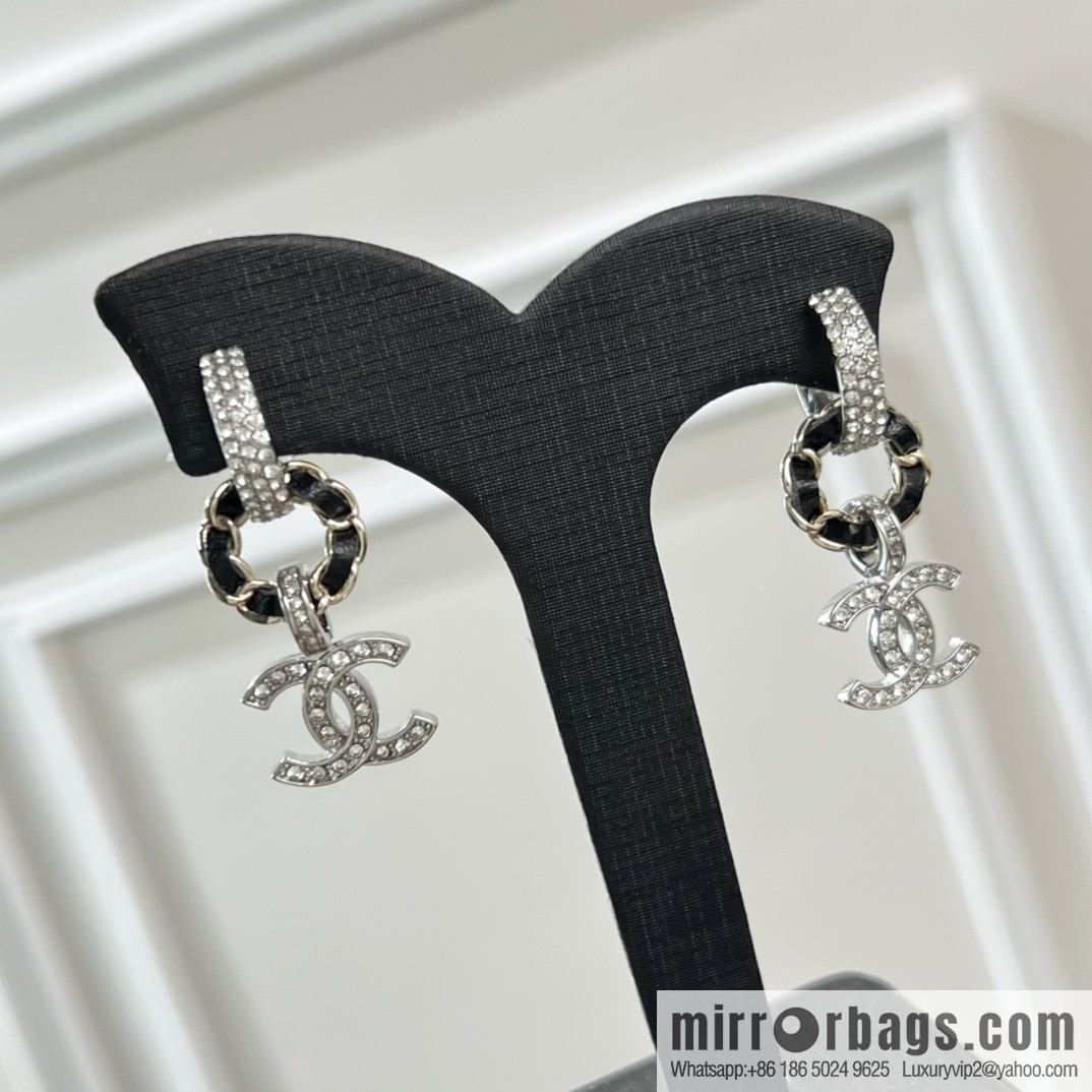 New ☑️ Chanel double c black leather rope stud earrings